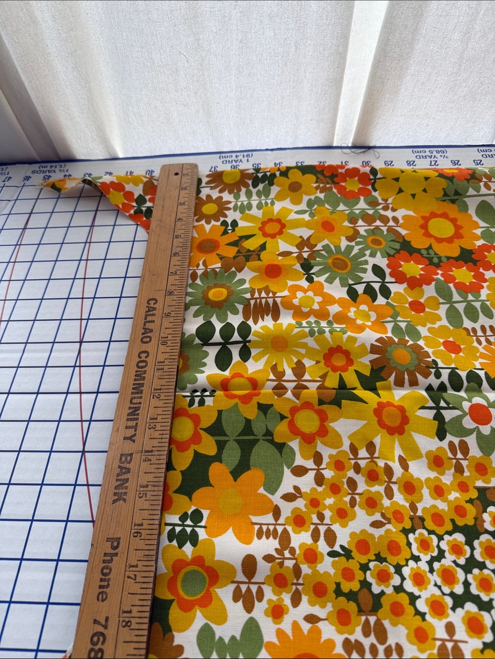 Vintage 1970s House ’N Home Floral Screen Print Fabric 1 Yard MCM Orange Yellow - Picture 6 of 11